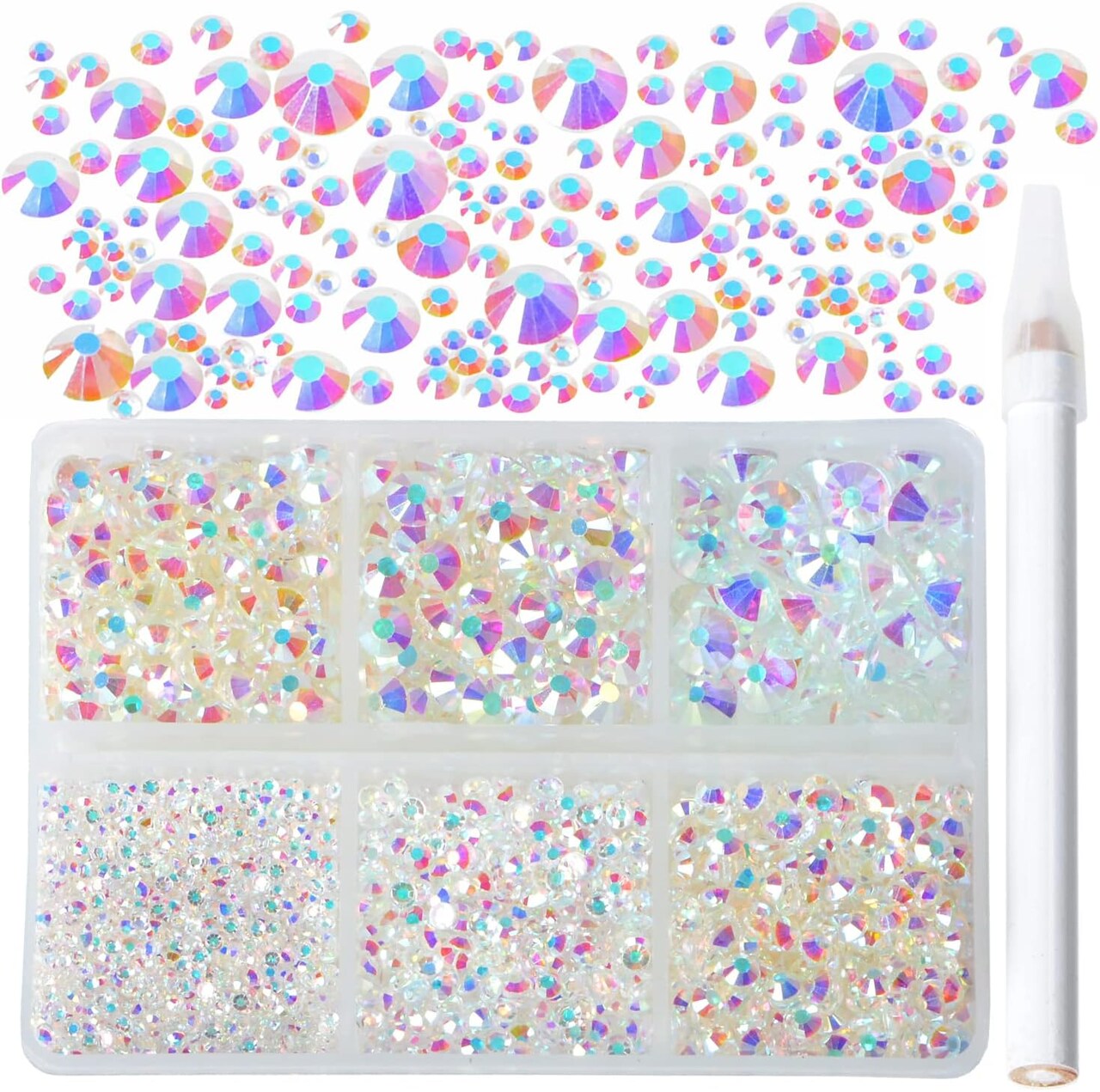 5000 Pieces 6 Mixed Sizes Glue Fix on Glass Rhinestones Round Crystal Gems Flatback for DIY Jewelry Making with one Picking Pen(6-Sizes 5000PCS, Starry Meteor)